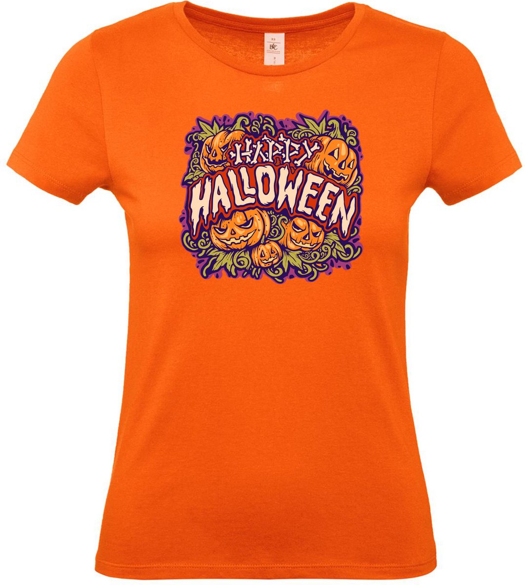 Dames t-shirt Happy Halloween pompoen | Halloween kostuum kind dames heren | verkleedkleren meisje jongen | Oranje | maat S